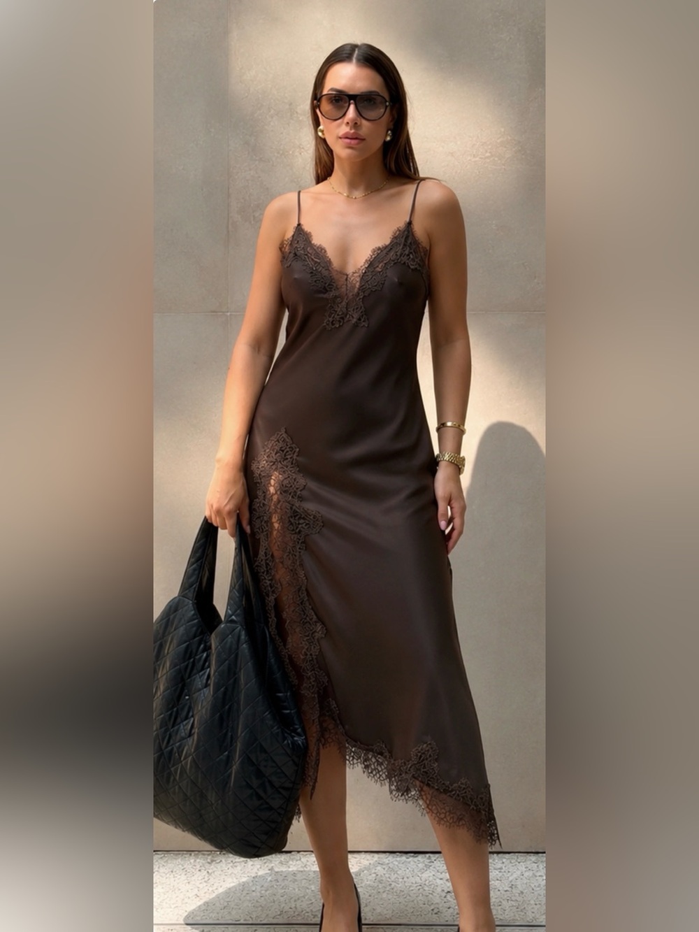 Satin Lace Slip Dress — Chocolate Brown or Black available